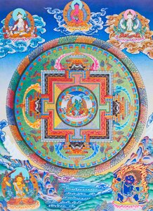Zöld Tara Mandala, amely az anyai védelmezőt ábrázolja minden veszélytől a létezés óceánjában (guache a ruhán)