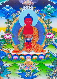 A kép Amitabha Buddhát ábrázoló lótuszon ülve (gouache a ruhán)