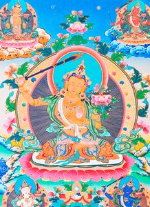 Manjushree-t, a Katmandu-völgy legendás alkotóját ábrázoló kép (gouache a ruhán) alkotó: School Nepalese