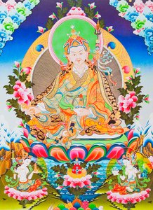 Padmasambhavát vagy Rimpoche gurut, a tibeti tantrizmus istenített apostolát ábrázoló kép, aki állítólag uralmat szerzett a démonok és szellemek felett (guache a ruhán)