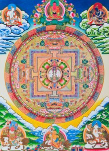 Mandala ezer karral Avalokiteshvara; a szent, mágikus kör, amely a tizenegy fejű bódhiszattvát ábrázolja, amely a végtelen együttérzést szimbolizálja (guache a ruhán)