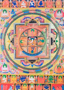 Pancha Buddha Mandala, Buddha öt formáját ábrázolja, amelyek ötféle bölcsességet szimbolizálnak (guache a ruhán) alkotó: School Nepalese