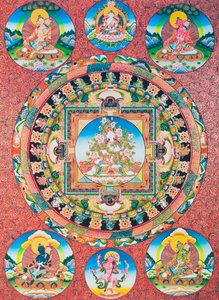 Fehér Tara Mandala; a buddhista panteon hétszemű női istensége, amely az együttérzés istennőjét és az emberi lények védelmezőjét jelképezi (guache a ruhán)