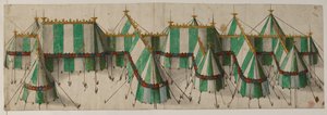 Cotton Augustus III, f.19 Tervezés egy királyi pavilonhoz a Tudor-fehér és zöld színekben, állítólag VIII. Henriknek az Aranyszövet mezőjénél alkotó: School Netherlandish