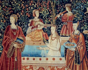 Az úri élet függönye: a fürdő. Részlet. Hollandiában 1520 körül készült gyapjú és selyem kárpit. V 2,8x2,6 m Párizs, Középkori Nemzeti Múzeum, Thermes de Cluny