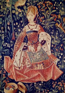 Seigneurial élet akasztása: Hímzés. Részlet. Hollandiában 1520 körül készült gyapjú és selyem kárpit. Párizs, Középkori Nemzeti Múzeum, Thermes de Cluny