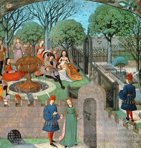 Harl 4425 f.12v Kerti jelenet, Oyseuse szeretője és hölgye (Tétlenség) a kert falain kívül, a "Roman de la Rose"-ból, Bruges, 1490-1500 körül (vellum)