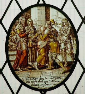 Roundel: Tóbiás megérkezik Ecbatanába (ólomüveg) alkotó: School Netherlandish