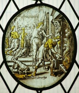 Roundel: Tóbiás elégeti a halmáj (festett üveg) alkotó: School Netherlandish