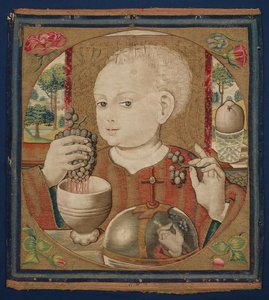 A csecsemő Krisztus préseli az Eucharisztia borát, 1500 körül (vászon láncfonalak, gyapjú, selyem és aranyozott vetülékfonalak) alkotó: School Netherlandish
