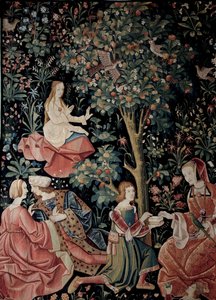 A Seigneuriale Life függöny: Scenes Gallant Gyapjú és selyem kárpit 1520 körül készült Hollandiában. V 2,6x3,7 m Párizs, Középkori Nemzeti Múzeum, Thermes de Cluny