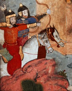 Tamerlan (1336-1405) mongol vezér íjászai (vagy Timur Lang, Timur a sánta""”) az ankarai (ancyra vagy ankora) csata során, akik 1402. július 20-án látták a mongolok győzelmét az oszmánok felett. hadsereg”” Részlet. Topkapi Sarayi Múzeum Könyvtár Ist