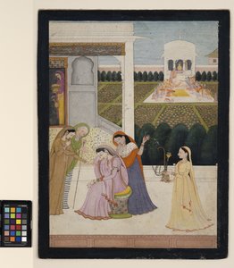 Egy hölgy vigasztal, míg a többiek Holi-t játszanak, 1790 körül (átlátszatlan akvarell, ezüst és arany papíron)