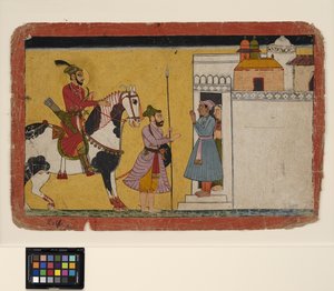 A vadászó herceg megáll egy otthon ajtajában, 1700 körül (átlátszatlan w/c és arany a papíron)