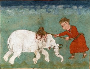 Iszlám művészet: Rostam (vagy Rustam) mitikus hős és Zal fia megöli a fehér elefántot. Perzsa miniatűr Ferdowsi (Firdawsi vagy Ferdawsi vagy Firdousi) „Shahnameh” (Shah Nama, Shahnama) (Királyok könyve) című epikus költeményének kéziratából, kb. 940 körül