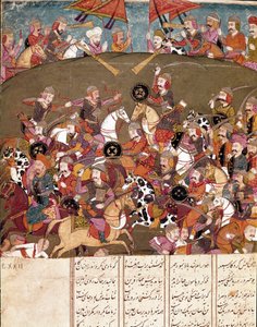 Iszlám művészet: csatajelenet. Perzsa miniatűr a „Shahnameh” című epikus költemény kéziratából (Shah Nama, Shahnama) (Királyok könyve), Ferdowsi (Firdawsi vagy Ferdawsi vagy Firdousi, kb. 940-1020 körül) Biblioteca Nazionale Nápoly