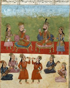 Iszlám művészet: koncert és szórakozás a háremben. Perzsa miniatűr a „Shahnameh” című epikus költemény kéziratából (Shah Nama, Shahnama) (Királyok könyve), Ferdowsi (Firdawsi vagy Ferdawsi vagy Firdousi, kb. 940-1020 körül) Biblioteca Nazionale Nápoly alkotó: School Persian