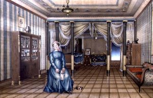 Spinster egy neoklasszikus nappali belső terében, 1835 körül (akvarell kiemeléssel papíron) alkotó: School Russian