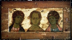 Krisztus Emmánuel Mihály és Gábriel arkangyalokkal körülvéve (Krisztus Emmanuel Mihály és Gábriel arkangyalokkal). Orosz ikon, tempera, fa, 12. század vége. Vlagyimir művészete (Oroszország). Állami Tretyakov Galéria, Moszkva (Oroszország). alkotó: School Russian