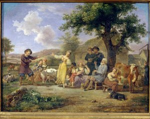 Parasztünnepek. Névtelen festmény, olaj, vászon, 18. század második fele. 18. századi orosz művészet. Állami Tretyakov Galéria, Moszkva. alkotó: School Russian