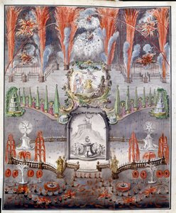 Tűzijáték és világítás 1747. szeptember 17-én Gostilitsyben (Oroszország). Névtelen mű, akvarellel színezett rézmetszet, 18. század közepe. orosz művészet alkotó: School Russian
