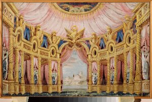 Csarnok oszlopcsarnokkal. Előkészítő dekoráció egy színdarabhoz. Orosz mester munkája, tempera vászonra alkotó: School Russian
