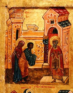 Joachimot és Annát a jeruzsálemi templomba látogató ikon 1550 körül (tempera és aranylevél a panelen) (314500 részlet) alkotó: School Russian