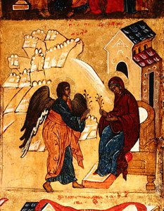 Az Angyali üdvözletet ábrázoló ikon, 1550 körül (tempera és aranylevél a panelen) (314500 részlet) alkotó: School Russian