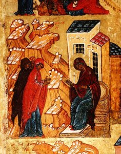 A Szűzanyát ábrázoló ikon, amint a legbecsesebb ruhaszíneket választja ki, 1550 körül (tempera és levélarany, tábla) (314500 részlet) alkotó: School Russian