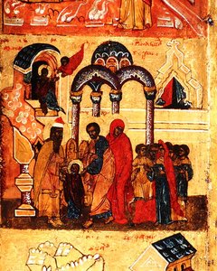 Szűz Mária gyermekkorát és Istennek szentelését ábrázoló ikon, 1550 körül (tempera és arany levél, tábla) (314500 részlet) alkotó: School Russian
