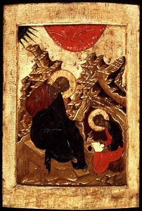 Szent János evangélista és Prokhor tanítványának ikonja (aranylevél és tempera a panelen) alkotó: School Russian