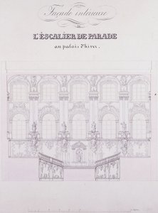A Téli Palota felvonulási lépcsőjének belső homlokzata; A Téli Palota felvonulási lépcsőjének belső homlokzata, 1838 körül (toll- és tusrajz papíron) alkotó: School Russian