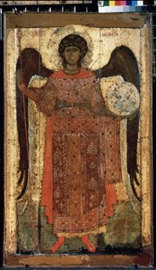 ""Szent Mihály arkangyal"" orosz ikon. Festészet fára. 1300 körül. Állami Tretyakov Galéria, Moszkva alkotó: School Russian