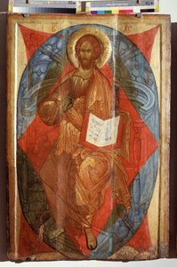 Krisztus a felségben, a világ megváltója (Krisztus a felségben, a világ megváltója). Jézus Krisztus fenségben (dicsőségben) az áldás jelét adó mandorlában. Orosz ikon, fa tempera, 16. század eleje, művészet Rostov Suzdalból. állam A.Rubl alkotó: School Russian