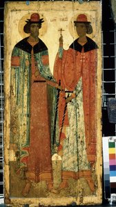 ""Szent Borisz és Gleb, I. Vlagyimir fiai Kijevben"" orosz ikon. Festmény 1450 körül. Állami Tretyakov Galéria, Moszkva alkotó: School Russian