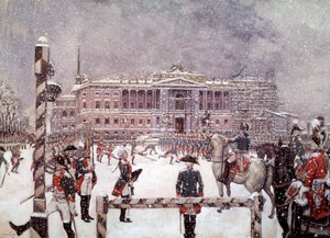 Katonai felvonulás a Mihajlovszkij-palota előtt I. Pál (1754-1801) orosz császár jelenlétében. orosz iskola alkotó: School Russian