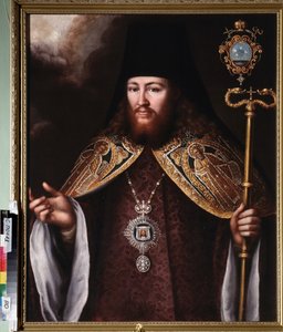 Krinovszkij Gedeon archimandrita (1726-1763) arcképe. (Egy ortodox kolostor felsőbbrendűje (apát), a kloboukot (fejdíszt) és a Szent Lepelt jelképező mellékszert viseli. Orosz mester festménye, olaj, vászon alkotó: School Russian