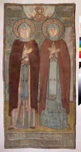 Szent Péter herceg és Muromi Szent Fevrónia (Muromi Szent Péter és Fevrónia) - Egyházi hímzések orosz mestertől, selyem, arany és ezüst szálak vászonon