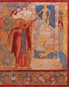 Rostov Szent Ábrahám (mort en 1074 ou 1077) detruit les idoles de Veles – Rosztovi Ábrahám lerombolja Veles szobrát. A Szent János apostol templom freskója Rostov Kremlben - ókori orosz freskók. Freskó alkotó: School Russian