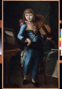 Egy fiatal hegedűművész kék öltönyben. Orosz mester festménye, olaj, vászon, 1790 körül. 18. századi orosz művészet. Museum Palace Theatre Ostankino, Moszkva. alkotó: School Russian