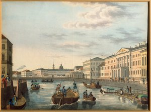 Kilátás a Fontanka folyóra Szentpéterváron. Névtelen mű, Litográfia, vízfestékkel színezett, 1820 körül. Orosz művészet alkotó: School Russian