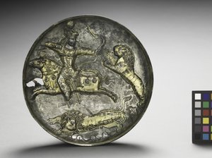 Étel: King Hormizd II vagy Hormizd III Hunting Lions, 400-600 (ezüst aranyozott)