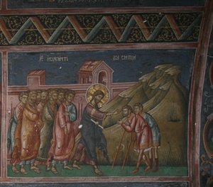 Jézus két vak embert gyógyít, Peć patriarchátusa (freskó) alkotó: School Serbian