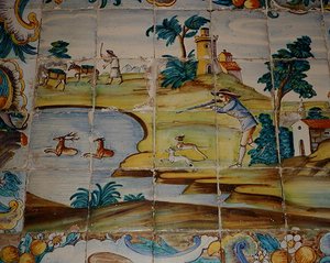 Azulejos csempék, amelyek egy szarvast lövöldöző vadászt ábrázolnak (kerámia) alkotó: School Spanish