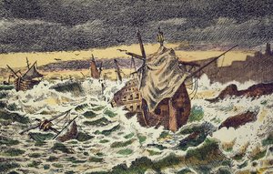 Fülöp király által 1588-ban Anglia ellen küldött Invincible Spanyol Armada viharok pusztítása (kézzel színezett metszet)