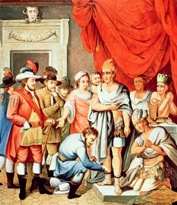 Hernan Cortes elrendelte, hogy tegyenek béklyókat Montezuma bokájára (színes litó) alkotó: School Spanish