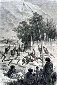 Maori harcosok hintán játszanak, illusztráció a „Visszatérés a világba” című filmből alkotó: School Spanish
