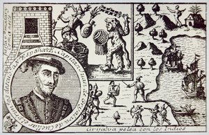 A spanyolok Juan de Grijalva vezetésével Yucatanban partra szállnak, és Maya harcosokkal harcolnak a champotoni csatában, 1518. május (litho) alkotó: School Spanish
