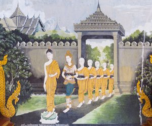 Freskó, amely Buddha életének egy jelenetét ábrázolja, Wat Phra That Doi Suthep templom