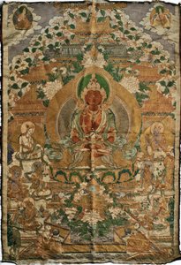 Amitabha (a tiszta föld buddhája) - Tibeti festészet, pigmentek és arany a szöveten, 19. század vége, 74x51 cm - (Amitayus Buddha Thangka, Tibeti kultúra, Pigmentek és arany a textílián, XIX. század vége) - Magángyűjtemény